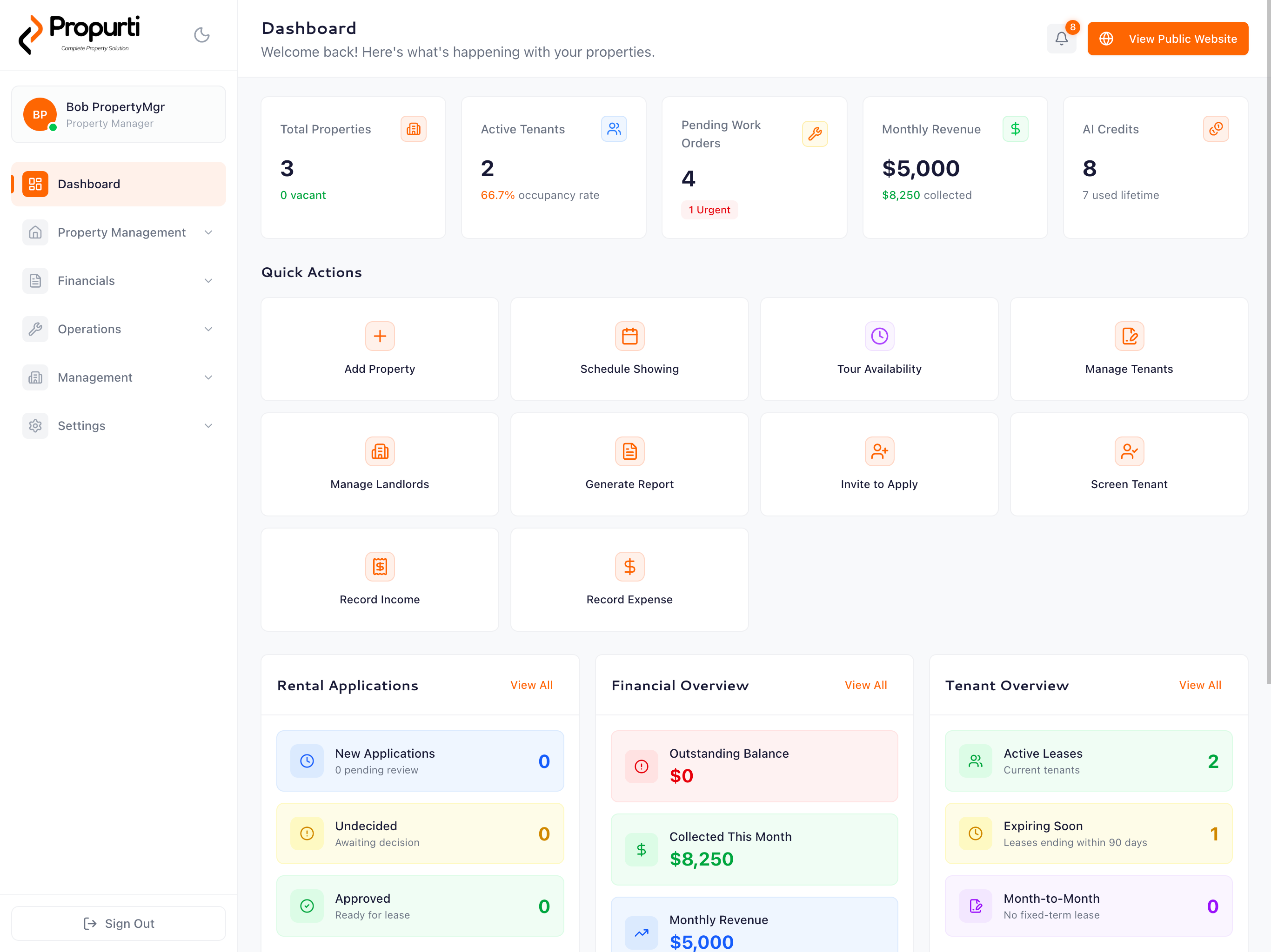 Propurti Dashboard showing portfolio overview